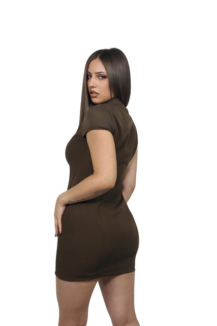 Vestito mini khaki con zip frontale