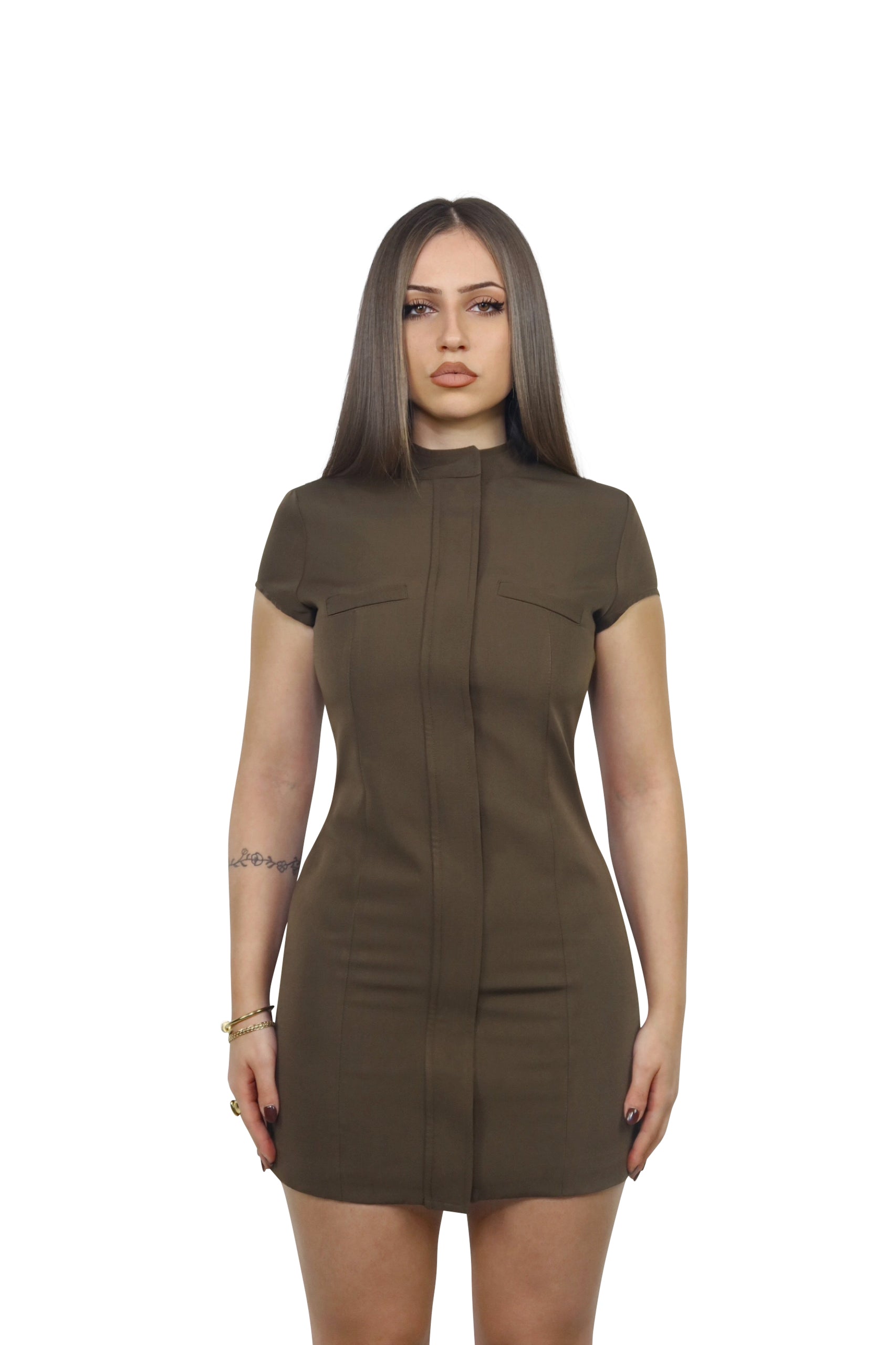 Khaki Mini Dress With Front Zip