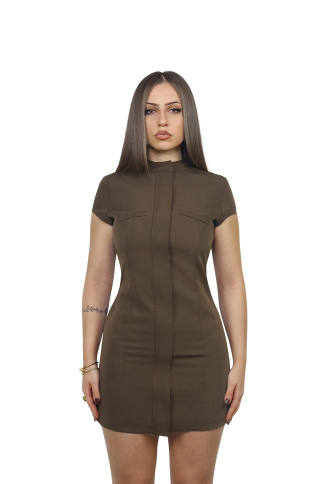 Vestito mini khaki con zip frontale