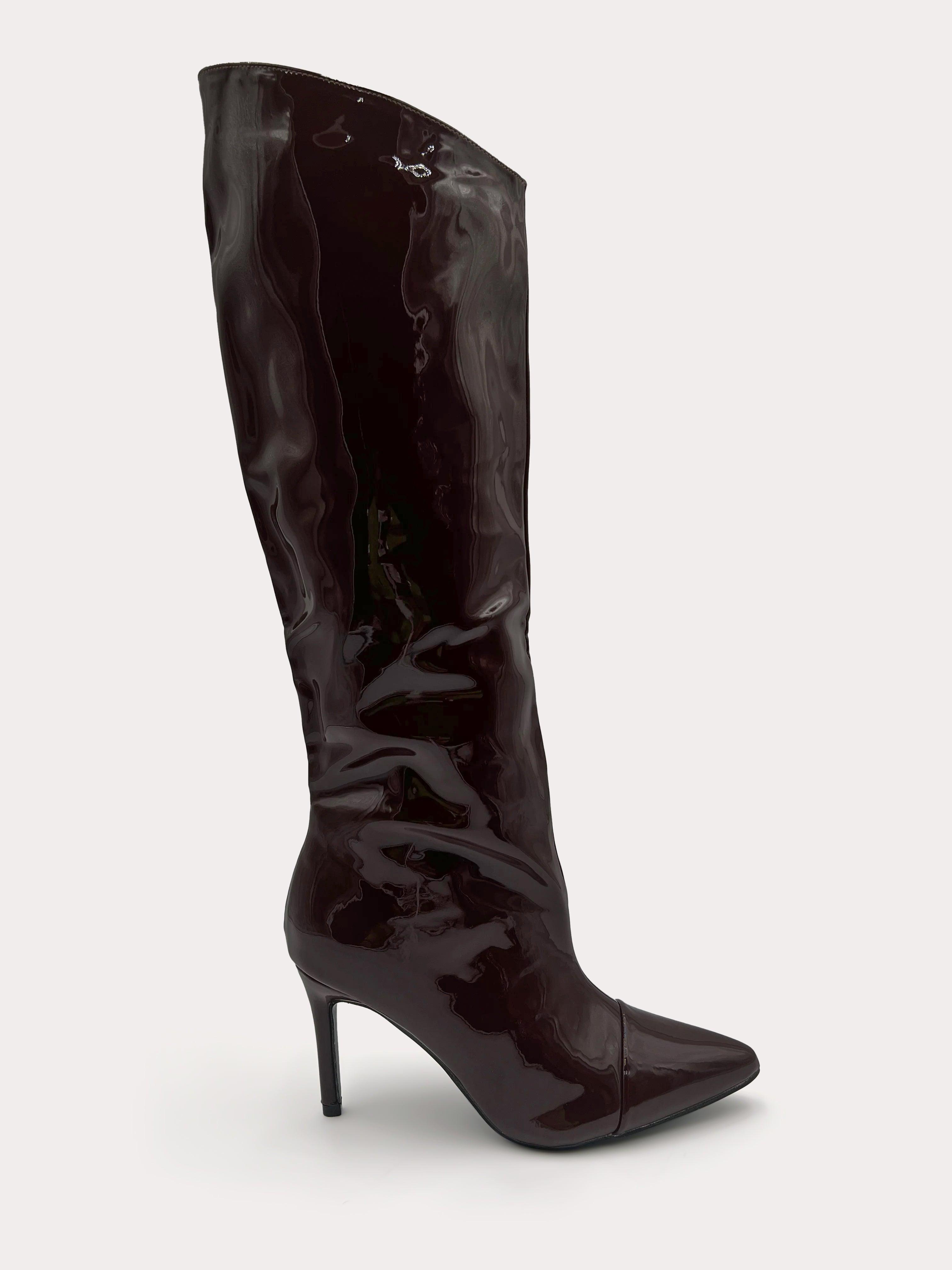 Alyssa - Shiny brown boot with stiletto heel - IQUONIQUE